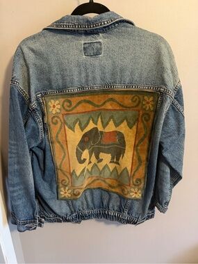 WanderBird American Eagle Upcycled Tapestry Elephant Denim Jacket  XS oversized